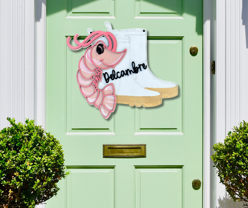 Geaux Magnolia - Vente Affichette de porte - Support de porte 3D en forme de crevette et de bottes blanches1
