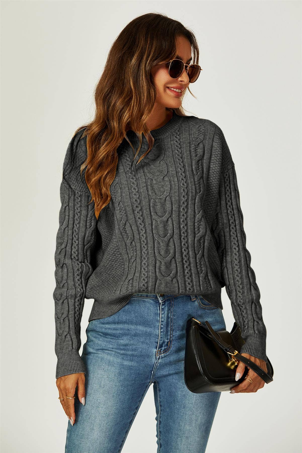 Cable Knit Crew Neck Jumper In Dark Grey for wholesale on Faire0