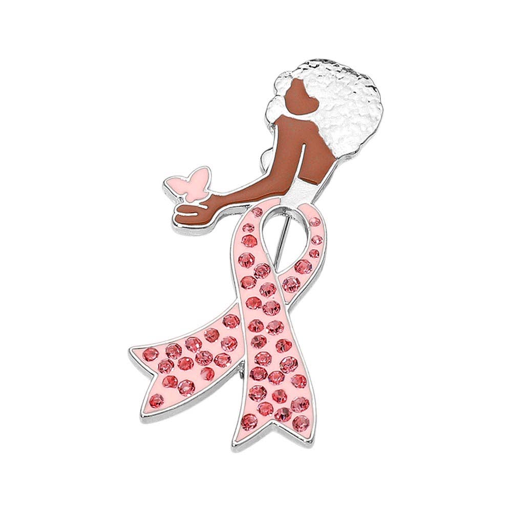 Sensibling Corp. - Wholesale Brooch - Stone Paved Pink Ribbon Enamel Afro Woman Pin Brooch3