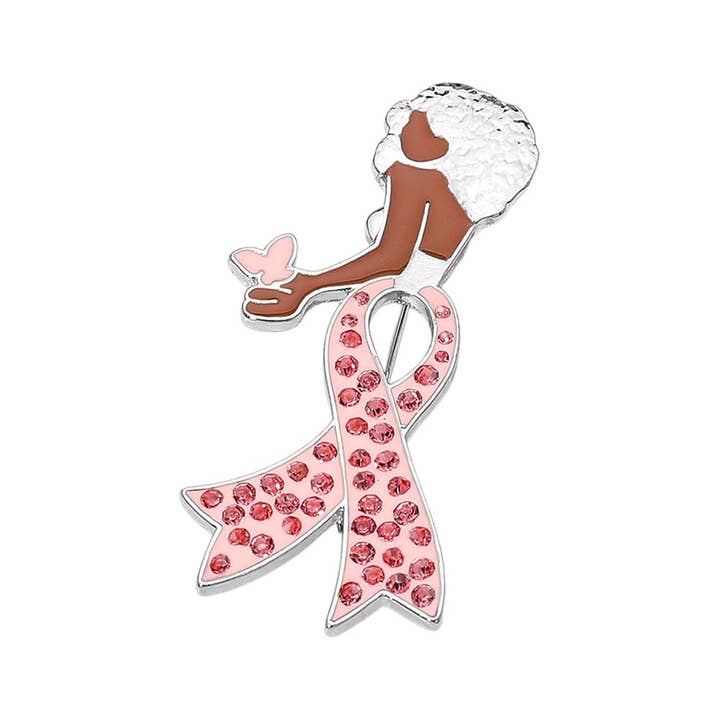 Sensibling Corp. - Wholesale Brooch - Stone Paved Pink Ribbon Enamel Afro Woman Pin Brooch3