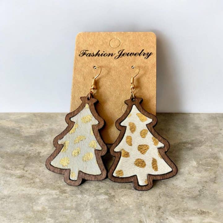 The Bling Barn - Wholesale Dangle earrings - Wood Christmas Tree Gold Fleck Earrings4