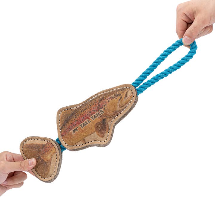 Natural Leather Jointed Trout Tug Dog Toy for wholesale by Tall Tails