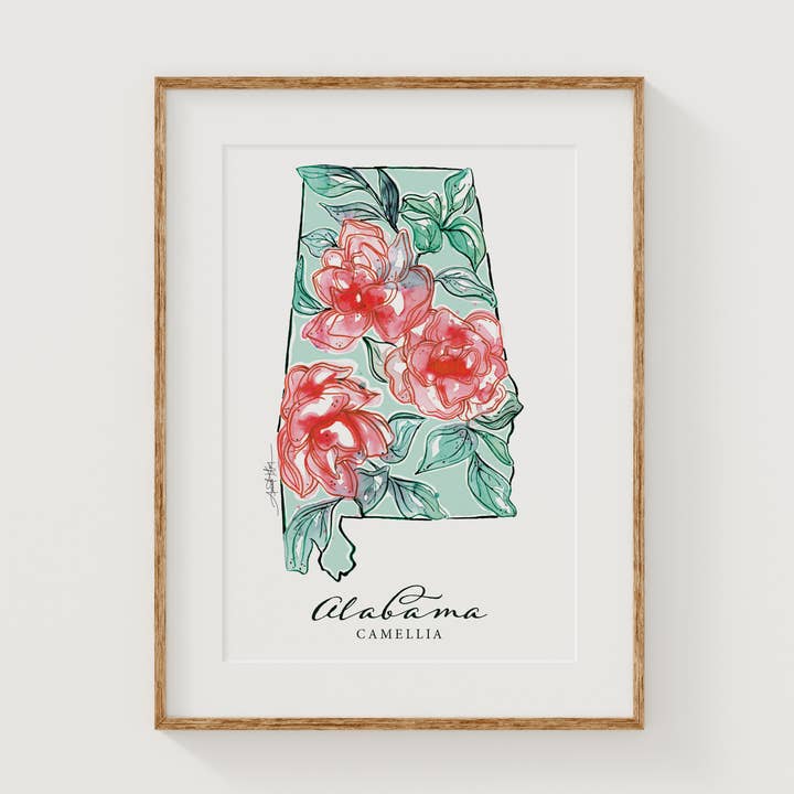 Impression d'art de la fleur d'État du camélia de l'Alabama pour la vente par Amanda Klein Co.