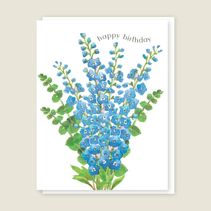 Delphinium Birthday card for wholesale by Elsabelle Paper Co.
