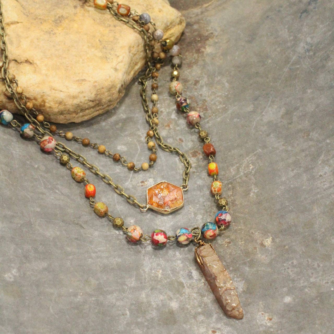 The Primitive Peddler, Inc. - Wholesale Pendant/Charm Necklace - Bohemian Layered Rusty Orange Stone & Crystal Necklace2