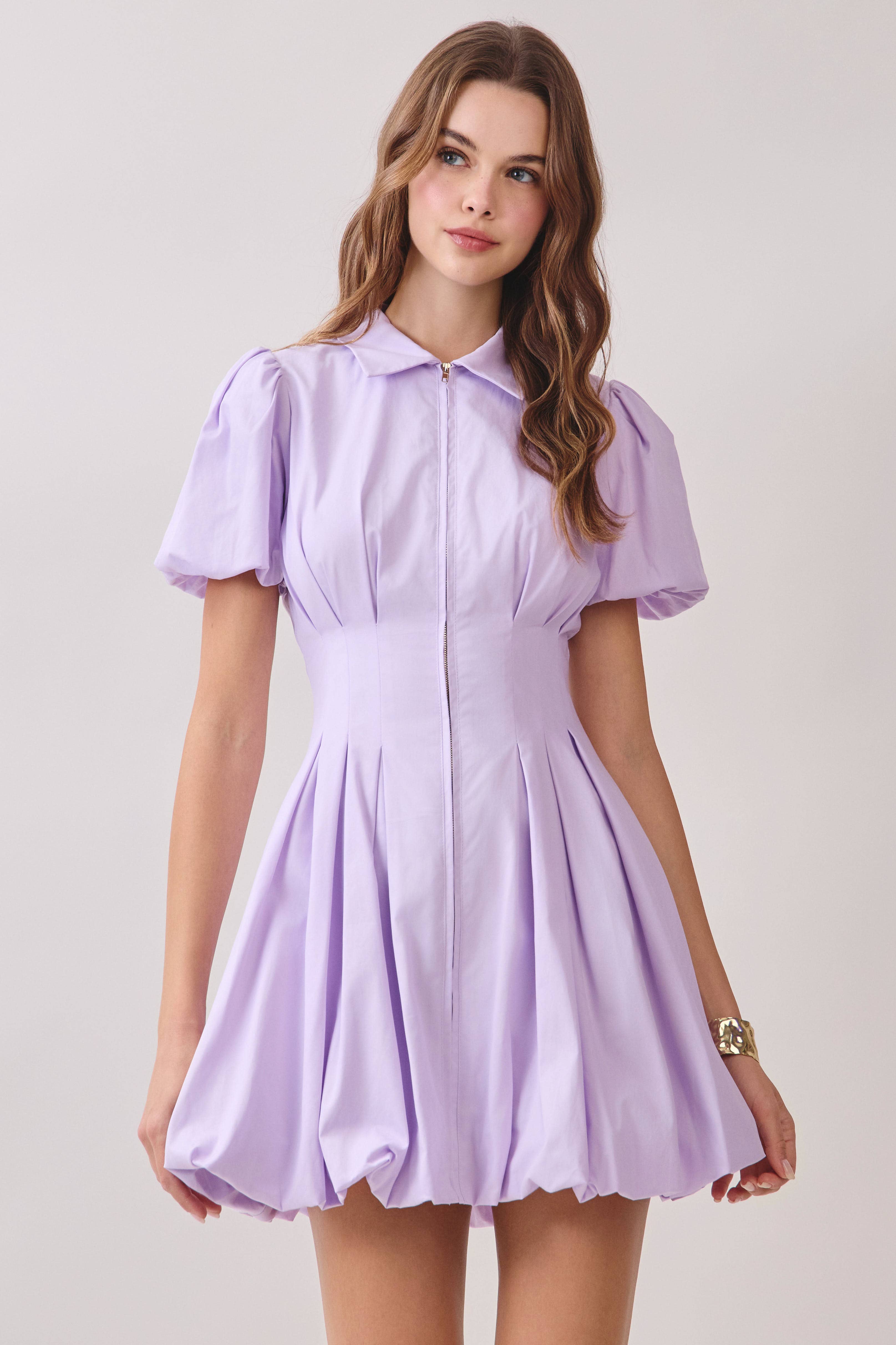 TCEC - Wholesale Dress - Women's - CD05305-Fit and Flare Zipper Front Bubble Sleeves Dress1