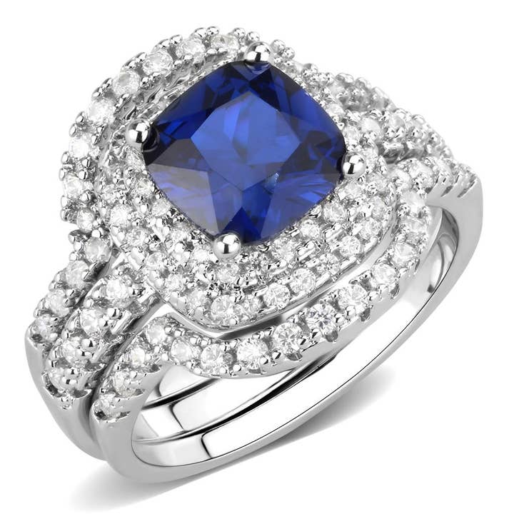 3W1599 - Rhodium Brass Ring with Synthetic Spinel in London Blue for wholesale by Alamode