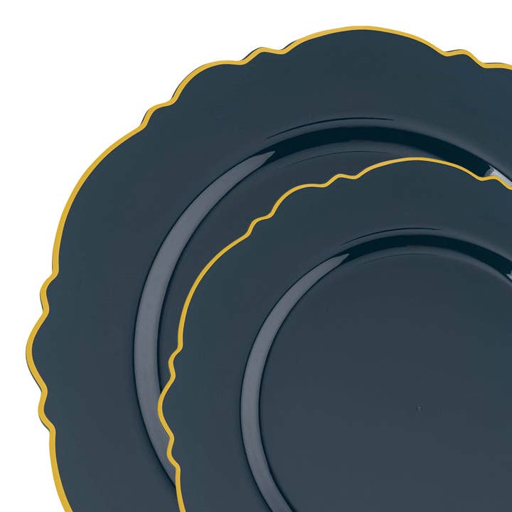 Navy with Gold Blossom Plastic Dinnerware Set - 120 Guests for wholesale by Smarty had a Party