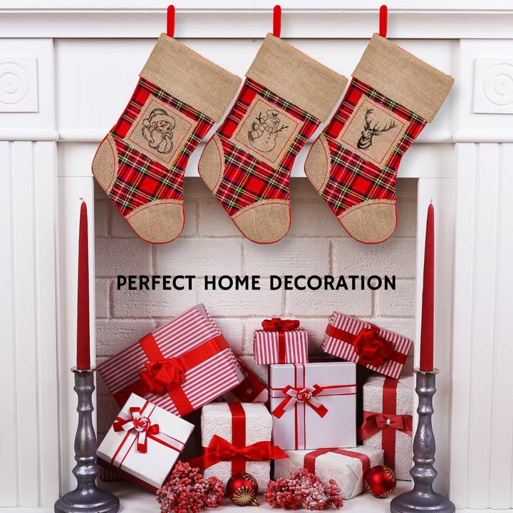 Lexi Home - Wholesale Holiday Stocking - Large Christmas Stockings - 3 Pack Plaid Burlap Stockings