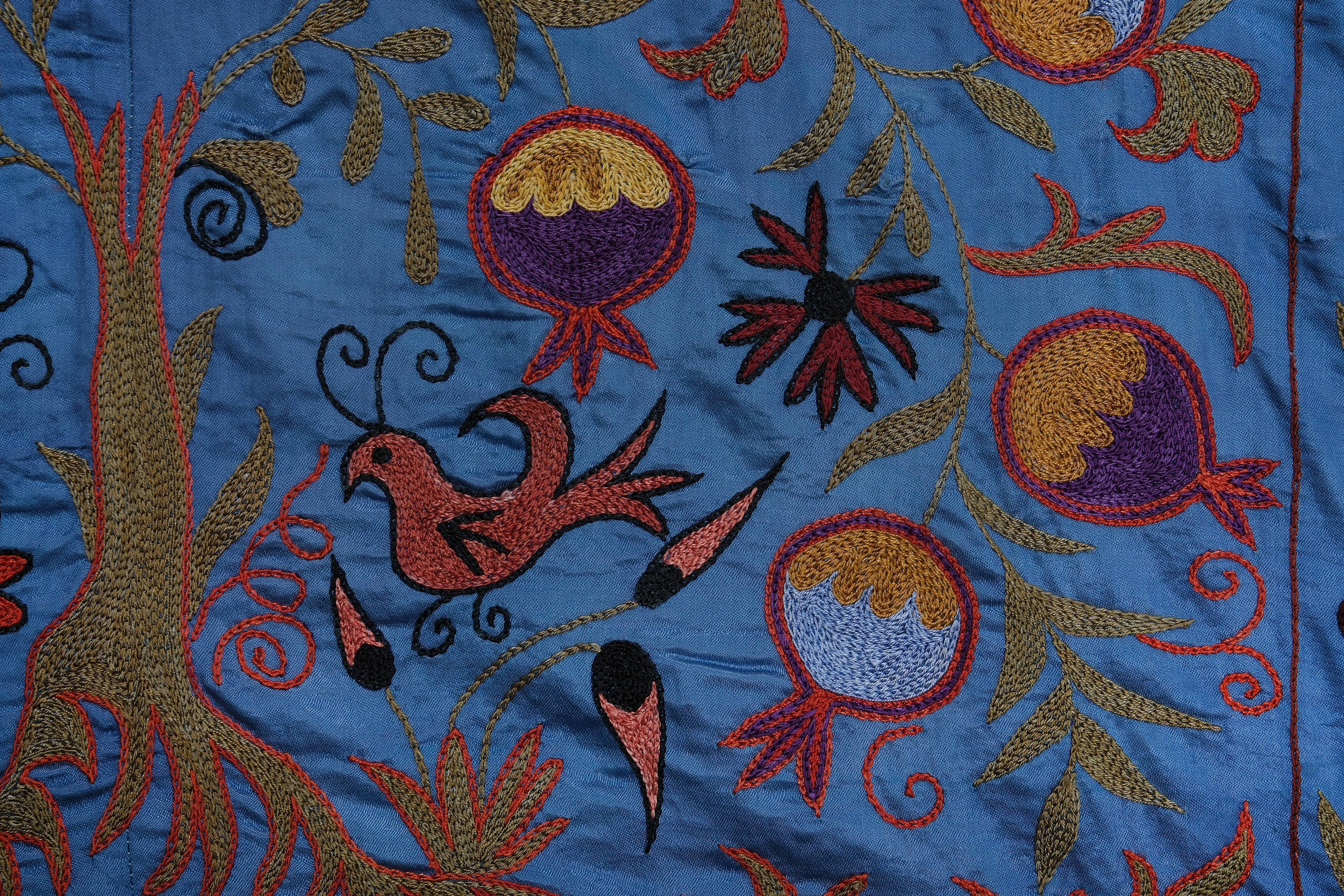 Vintage Pillows Store – wholesale Table runner – 1960s Silk Suzani Blue Runner With Tree of Life Pattern5