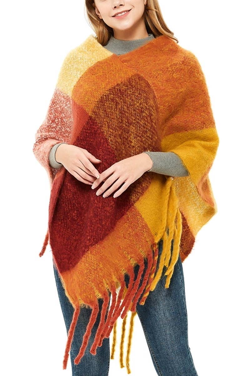 ASSORTED Multi Plaid Color Block Faux Cashmere Poncho for wholesale on Faire1