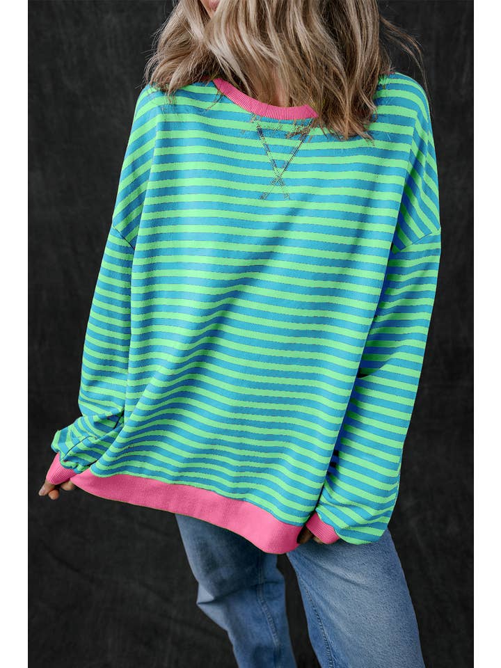 Amaryllis Apparel - Wholesale Sweatshirt - Women's - Stripe Oversized Contrast Trim Pullover Sweatshirt