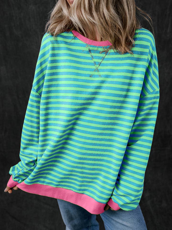 Sky Blue Stripe Oversized Contrast Trim Pullover Sweatshirt for wholesale by Azzurro