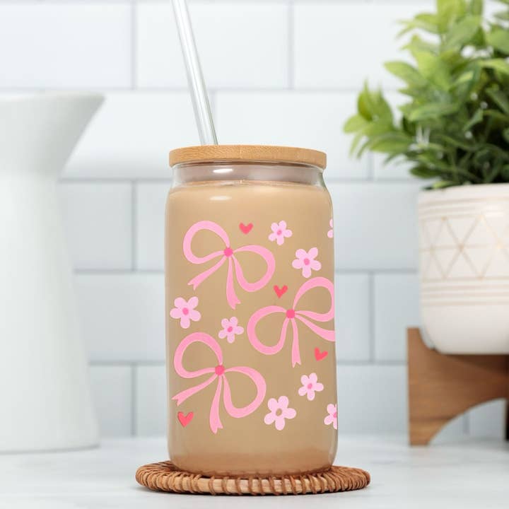 Coquette Glass with Lid, Straw and Straw Cleaner 20 oz Bow for wholesale by FLORAL TOWN