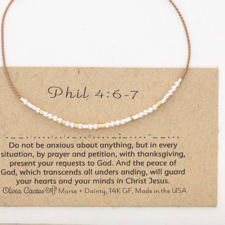 Philippians 4:6-7 or CUSTOM Word Morse Code Bracelet for wholesale by Morse and Dainty Hand Made Morse Code Dainty Jewelry
