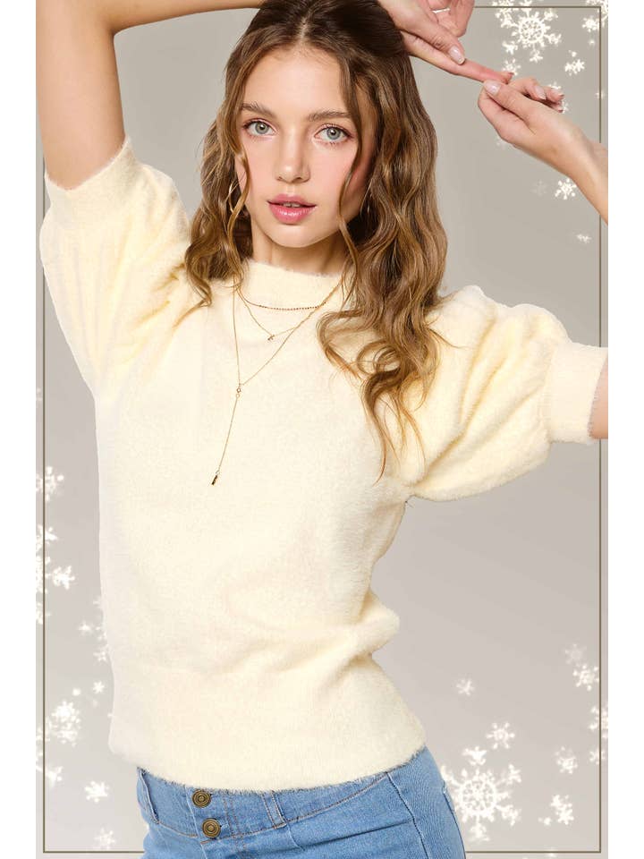 La Miel - Wholesale Blouse - Women's - JCS3554-Soft Mohair Puff Short Sleeve Knit Top