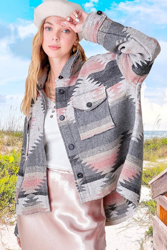 La Miel – wholesale Jacket – Women's – JKT1713-Aztec Pattern Long Sleeve Button Down Jacket1