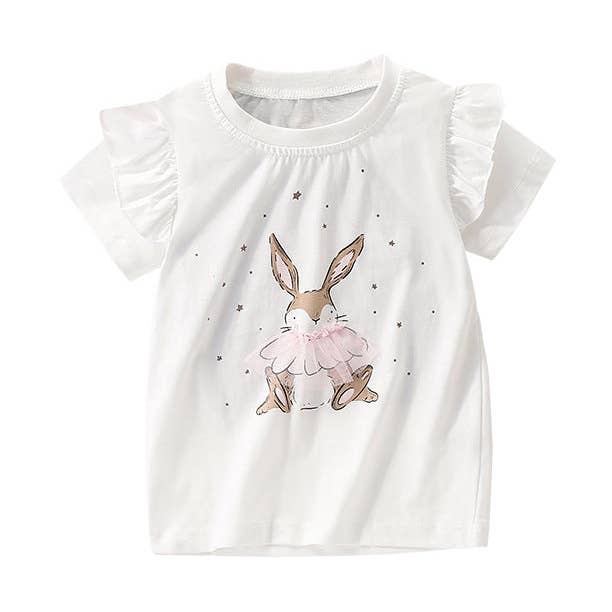 White Summer Girls’ Rabbit and Stars Pattern T-shirt in European and American Style for wholesale on Faire0
