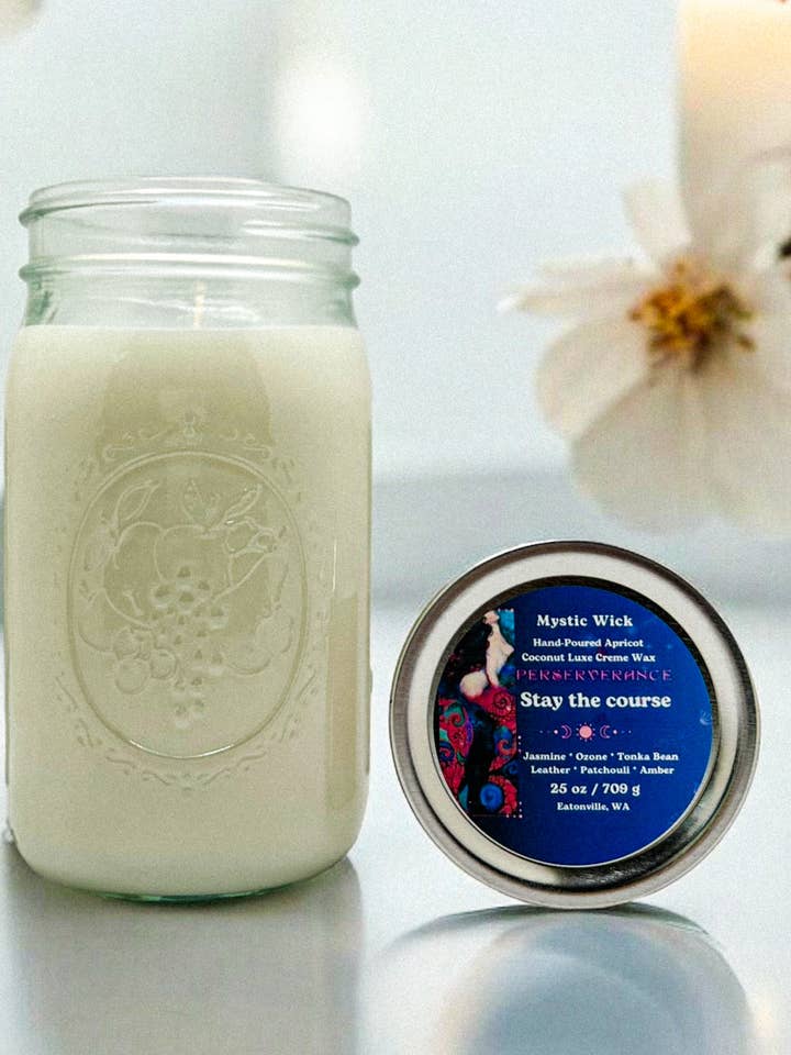 Egyptian Amber - (Perserverance) Abrikoos-/kokoswas - Mason Jar Candle 25 oz. voor wholesale door Mystic Wick LLC