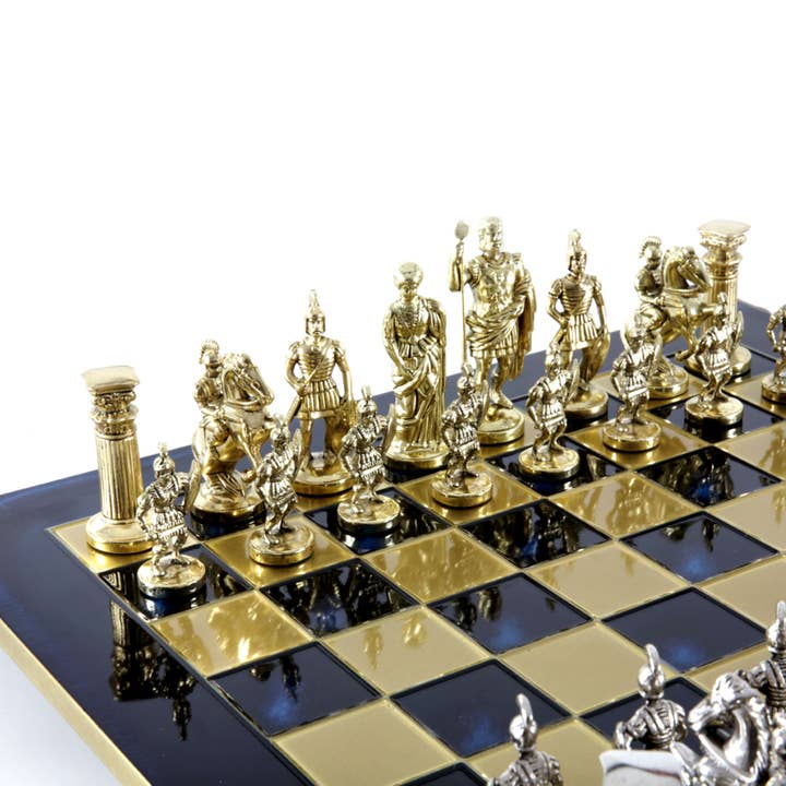 Cardshouse - Wholesale Board Game - Greek Roman Period Metal Chess Set With 44Cm Blue Wooden Che