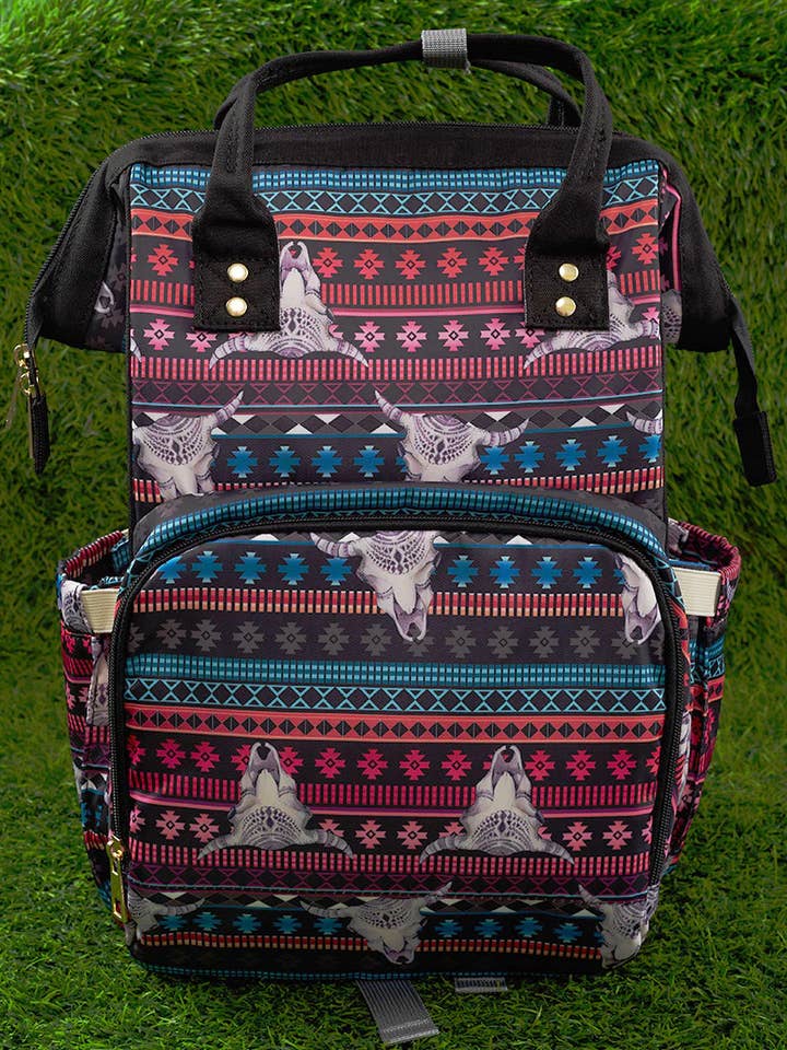 BULL SKULL WITH GEOMETRIC PRINT DIAPER BAG. BBG25153045 for wholesale by Kids Charm Online