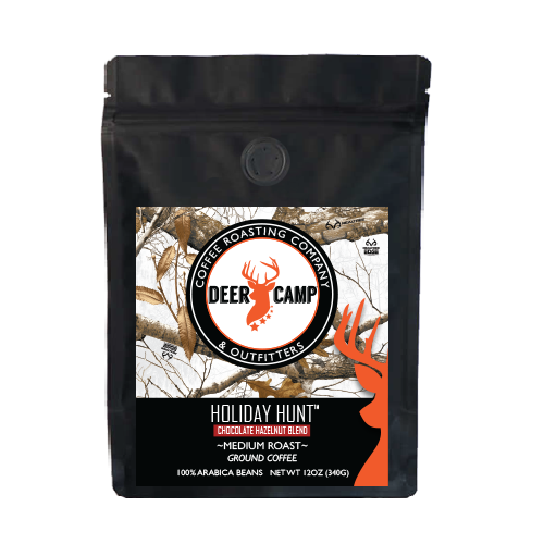 DEER CAMP® Coffee Roasting Company & Outfitters - Wholesale Ground Coffee - DEER CAMP® Coffee Holiday Hunt™ Chocolate Hazelnut 12 oz0