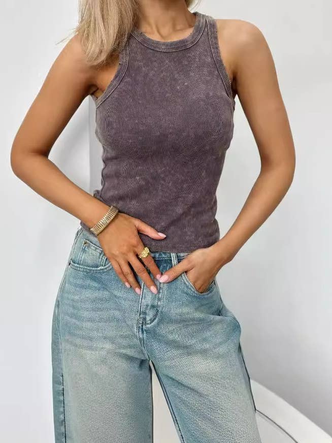 Rosa Clothing - Wholesale Tank Top - Women's - Distressed Washed Rib Round Neck Basic Tank Top7