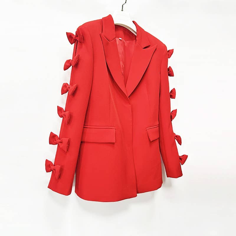 Sanyao Fashion - Vente Veste de tailleur – femme  - Veste de costume mi-longue rouge chic à manches à nœud papillon SY2543