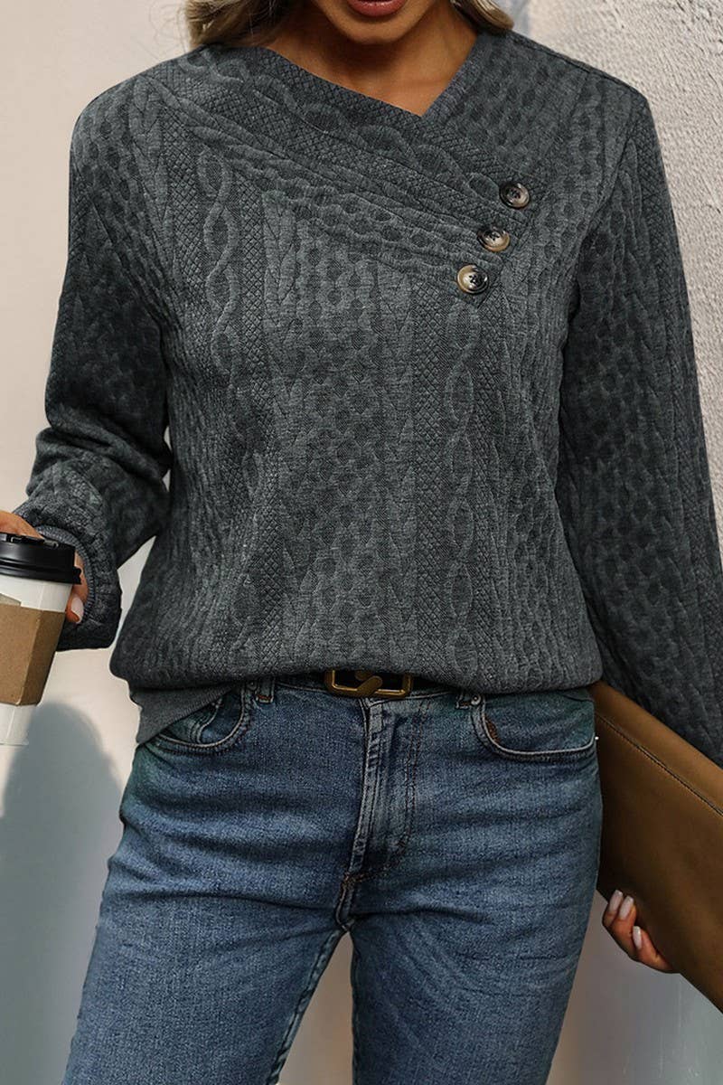 DARKGREY CWTBLL1236_LONG SLEEVE PLEATED SOLID COLOR SWEATSHIRT for wholesale on Faire2