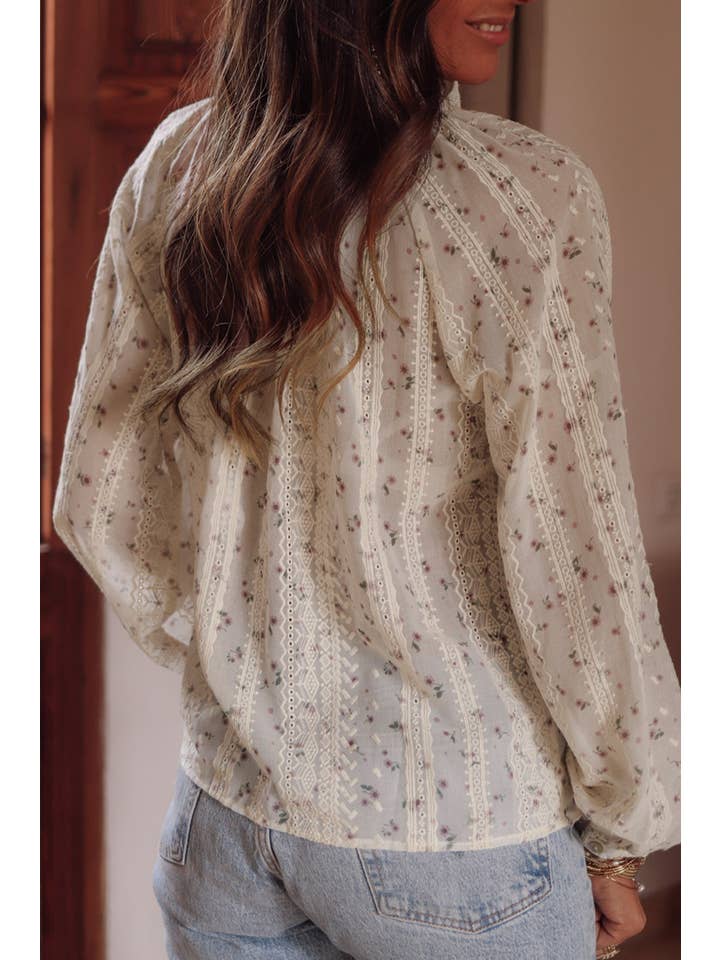 Red Floral Embroidered Lace Bubble Sleeve Shirt for wholesale on Faire