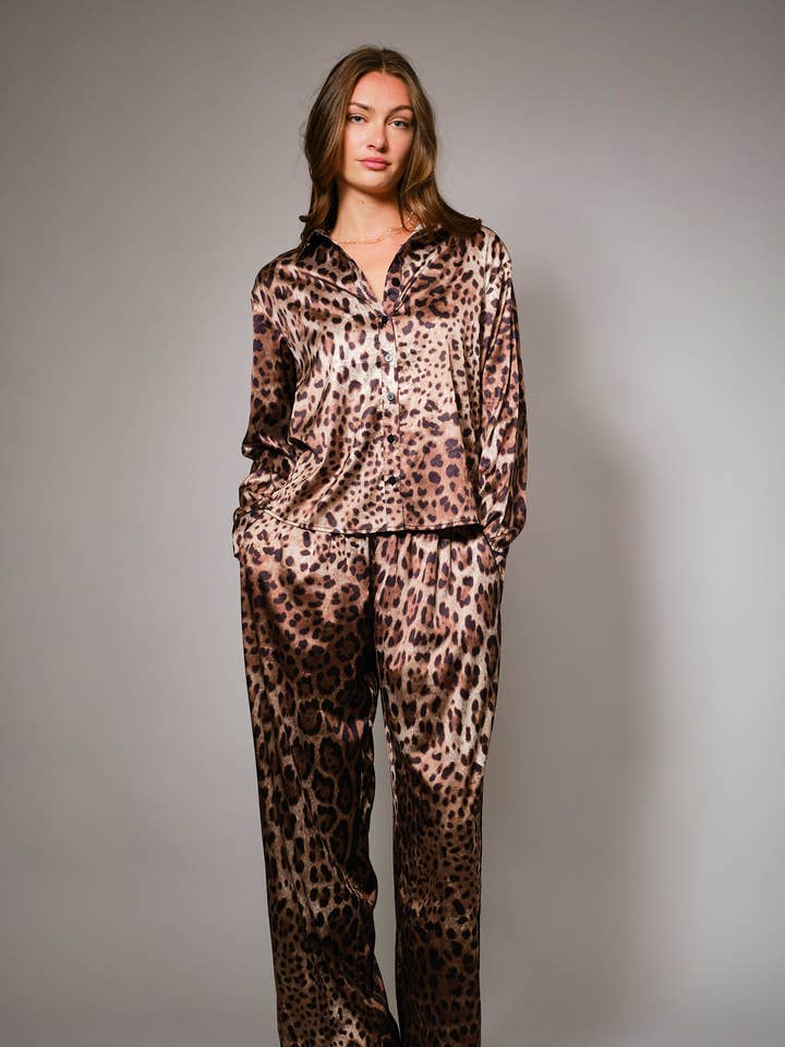 23756SET Leopard Satin Lounge Set for wholesale by Blue B