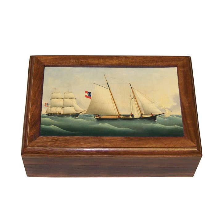 Folk Art Sailing Ship Vintage Wood Trinket and Jewelry Box for wholesale by Madison Bay Co. - Historical Home Decor Reproductions
