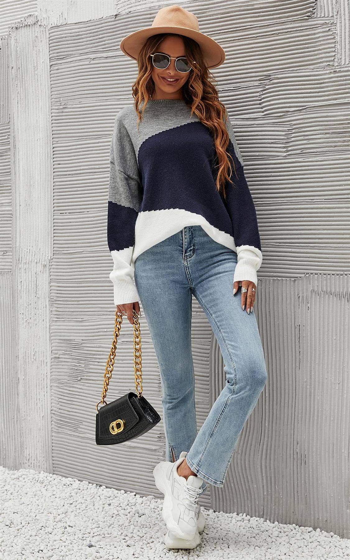 FS Collection (Germany) - Wholesale Knit Sweater - Women's - Navy & White Block Colour Jumper Top In Grey2