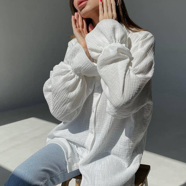 Bell Sleeves Cotton Casual White Shirt for wholesale on Faire
