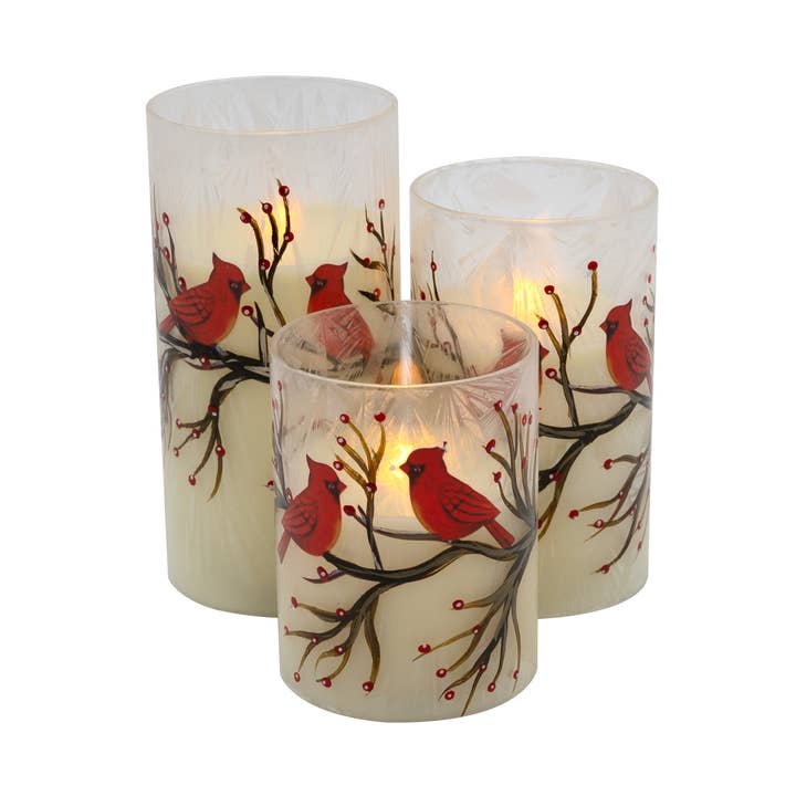 Battery-Operated Glass/Wax Candles- Red Cardinals, 3ct for wholesale by LumaBase