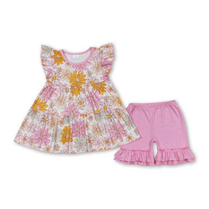 Tunique florale rose à volants, tenues d'été pour filles pour la vente par Yawoo Garments