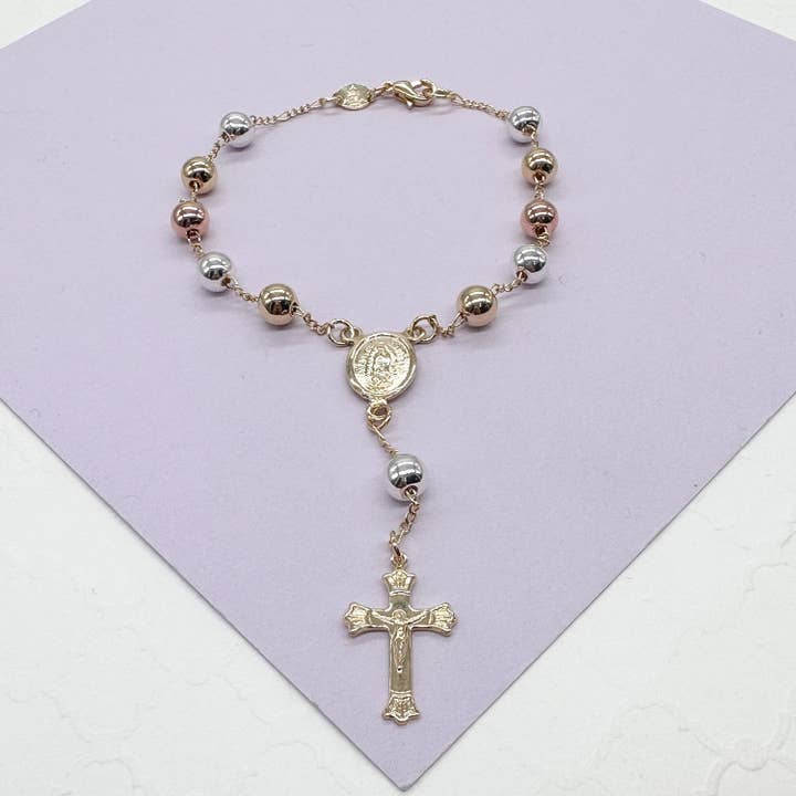 18k Tri-colored GF Rosary Bracelet with Charm for wholesale by Milie