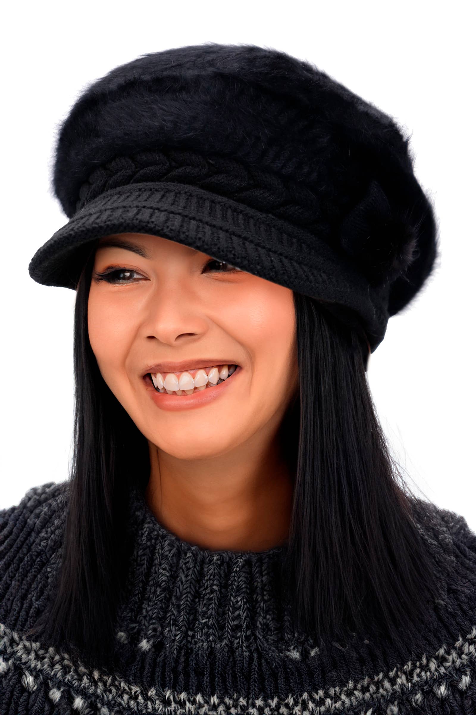 Cap Zone - Wholesale Newsboy/Schoolboy Hat - Women's - Vegan Angora Fur Chevron Knitted Fiddler Cap1
