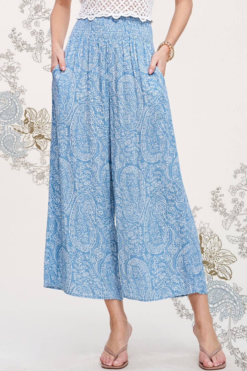 La Miel - Wholesale Pants - Women's - JCP4225-Boho Paisley Print Wide Leg Flowy Pants with Pockets19