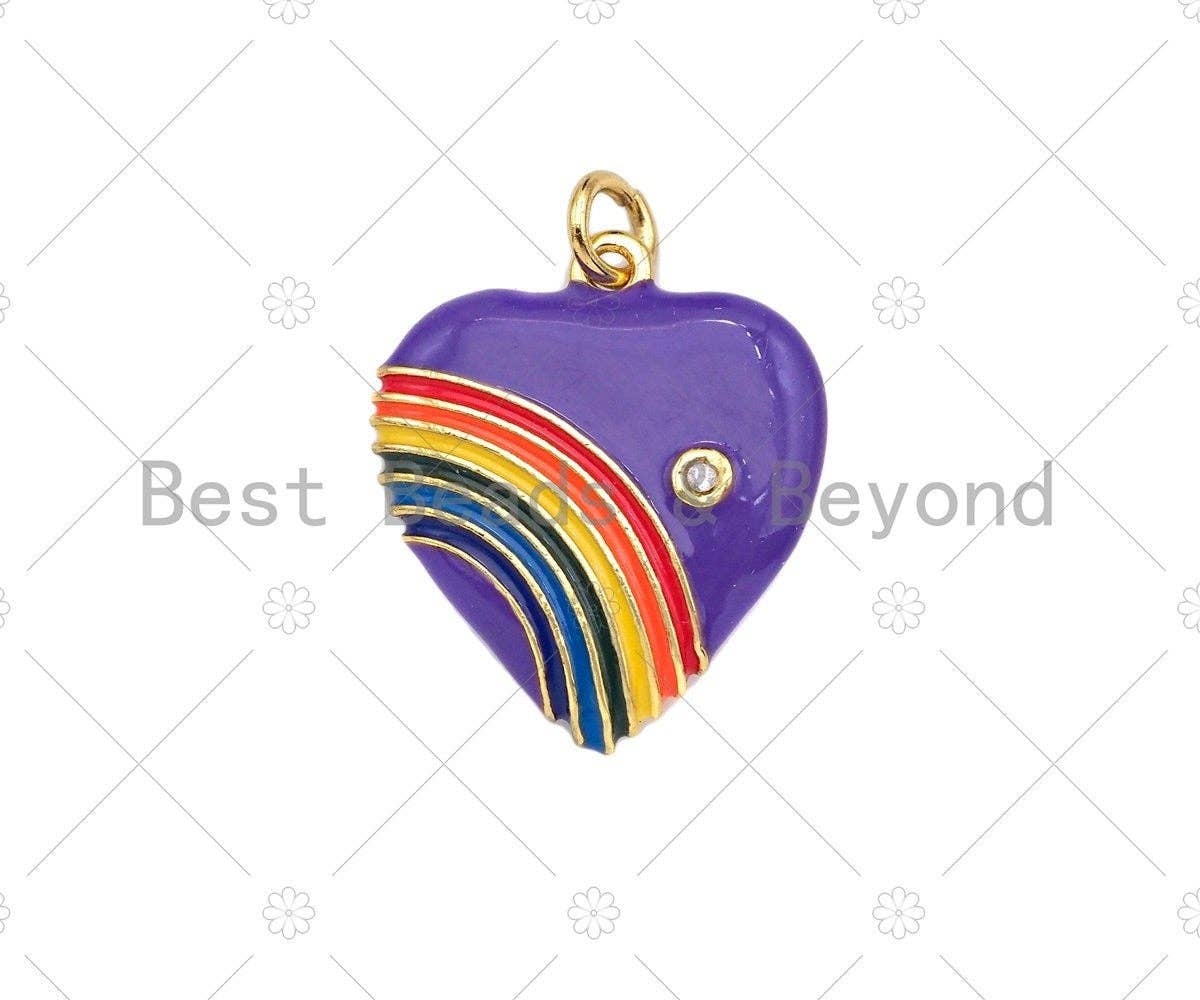 BestBeads&Beyond - Wholesale Individual Charm/Pendant - Rainbow Enamel Heart Pendant, Vintage Rainbow Heart Charms, Enamel with CZ Heart Charm, 21x18mm,sku#F13591