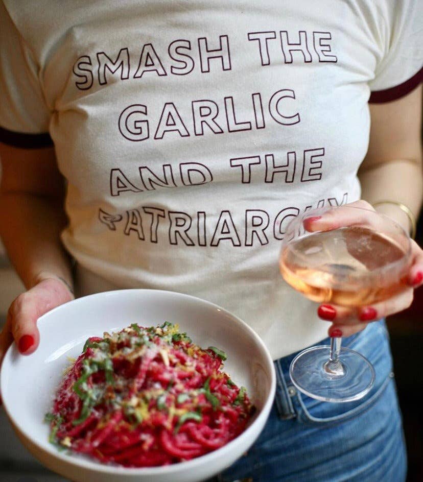 Overseasoned - Wholesale Screen Printed T-Shirt - Women's - Smash the Garlic and the Patriarchy™ Ringer Tee - Unisex2