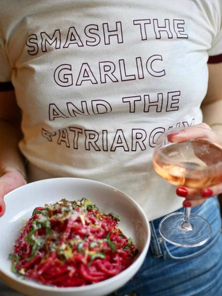 Overseasoned - Wholesale Screen Printed T-Shirt - Women's - Smash the Garlic and the Patriarchy™ Ringer Tee - Unisex2