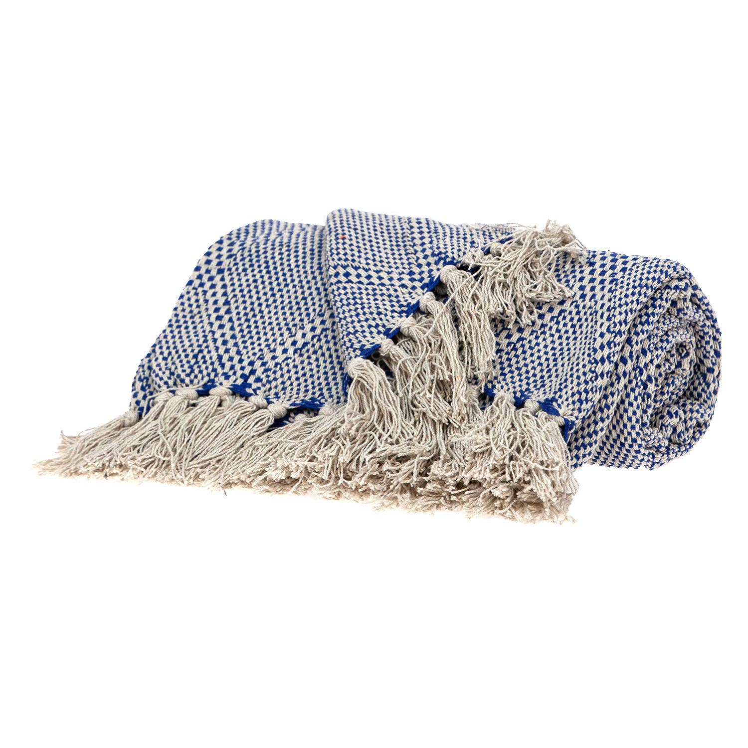 HomeRoots - Wholesale Throw Blanket - Blue and Beige Woven Handloom Throw with Tassels2
