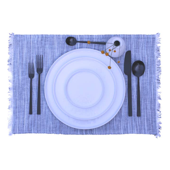 Linen Placemat - Stonewashed - Blue White Print Yarn -Frayed for wholesale by LinenCasa