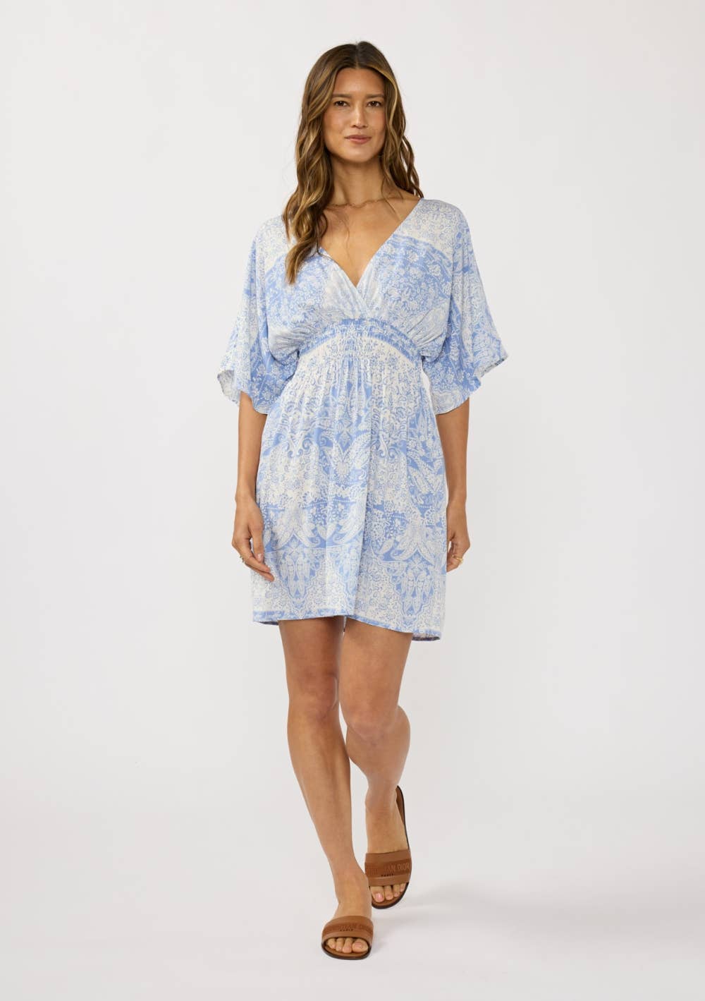 PERIWINKLE WHITE Surplice Kimono Sleeve Smocked Waist Mini Dress for wholesale on Faire