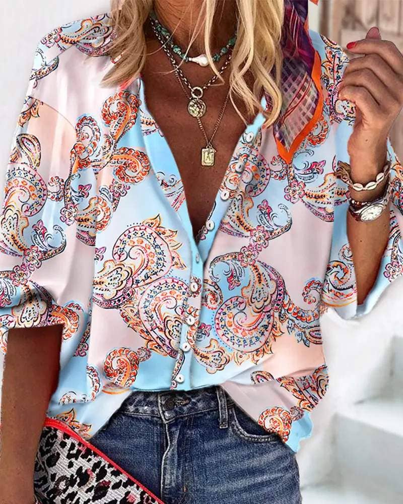 MULTICOLOR baroque print lantern sleeve button down shirt for wholesale on Faire3