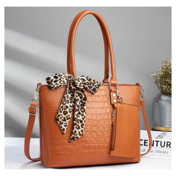 Superbia - Wholesale Top Handle Bag - Women's - Long Handle Twilly Bow Croc Pattern A4 Tote Bags with Purse4