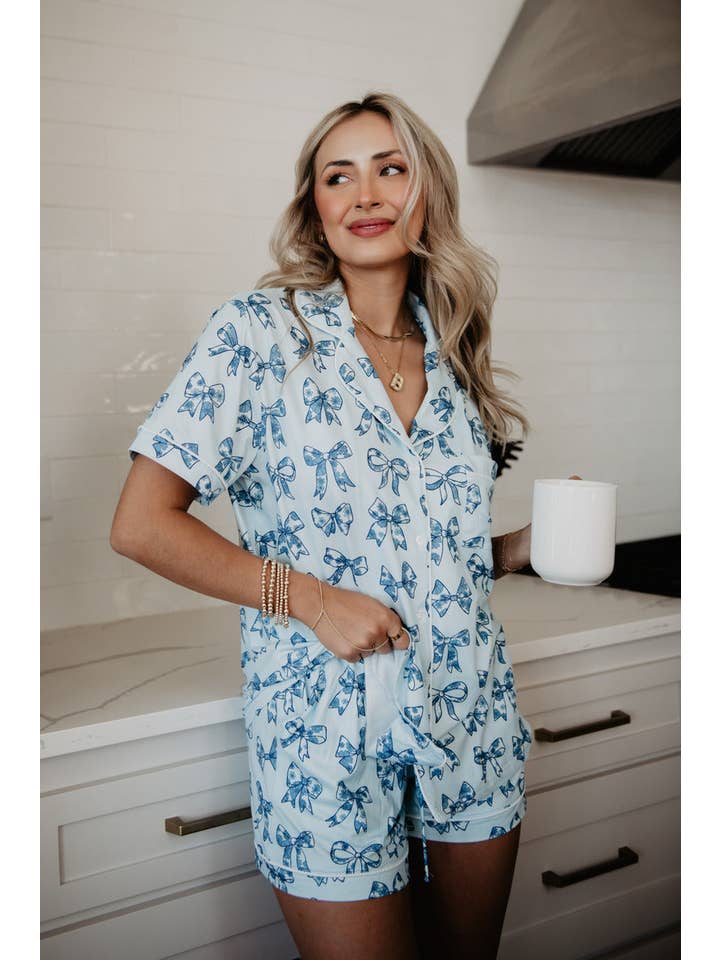 Light Blue Toile Print Coquette Bows Cute Pajamas for wholesale on Faire