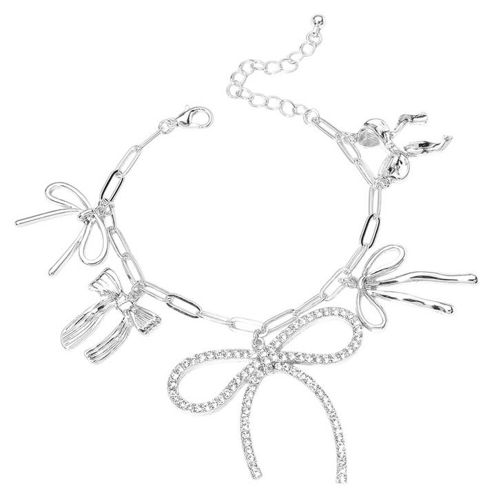 Sensibling Corp. - Wholesale Charm/Dangle Bracelet - Stone Paved Bow Metal Bow Charm Station Paperclip Bracelet