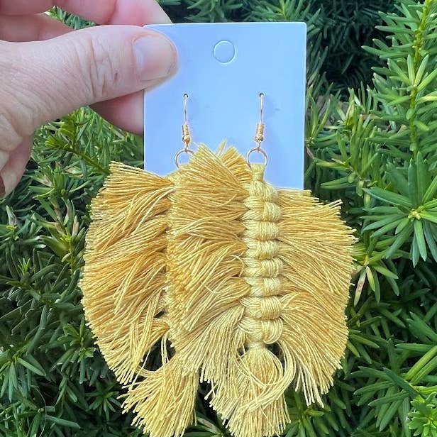 Baubles by B - Wholesale Dangle Earrings - Mustard Yellow Macrame Leaf Earrings1